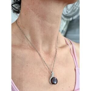 Freshwater Brown Coin Pearl Pendant Cubic Zirconia Silver Tone Setting Adjustabl